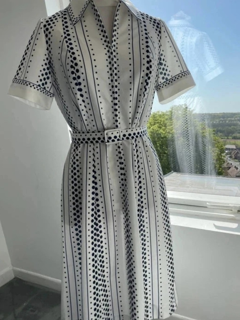 VINTAGE Marcelle Griffon Polka Dot Stripe Midi Shirt Dress with Belt